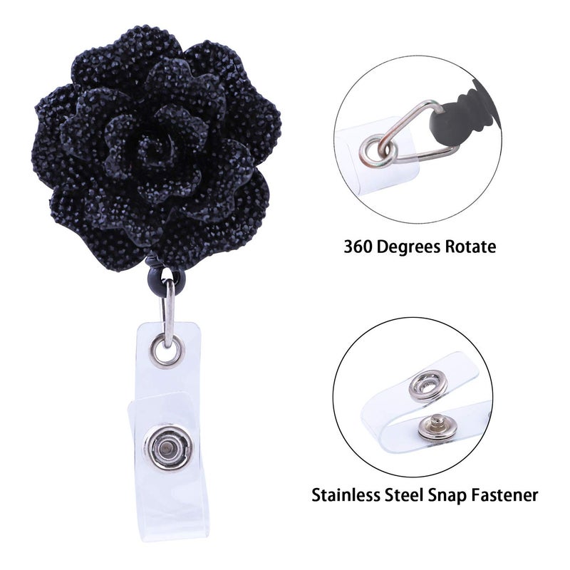 Soleebee 28'' Retractable Badge Reel, Bling Bling Rose Nurse ID Badge Holder Reel with Belt Clip - Black - Image 4
